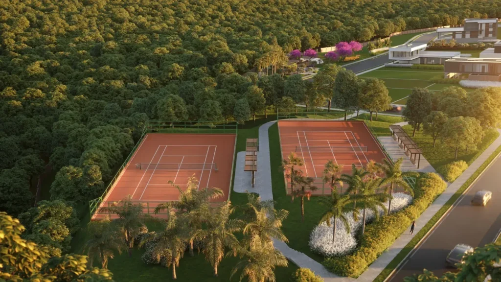 Masterplan da implantação do Citàge Santé com quadras e corredores verdes em Goiânia